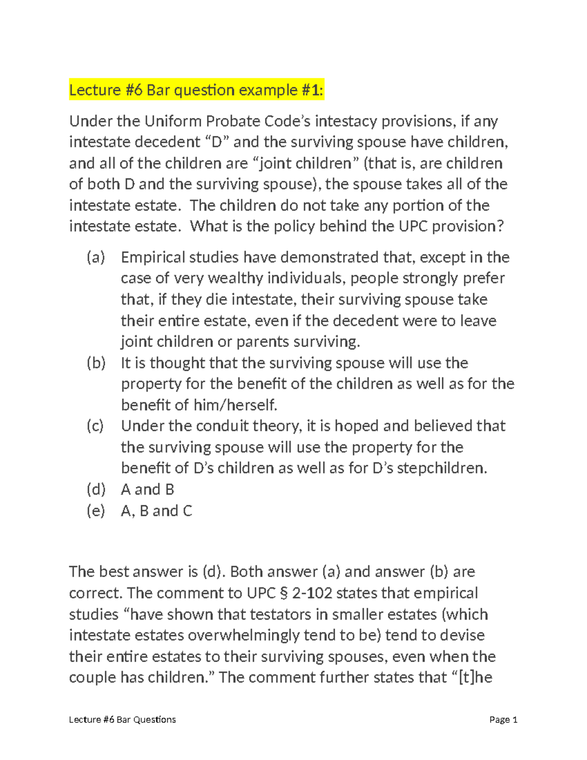 Lecture Bar Questions on Uniform Probate Code and Intestacy Issues ...