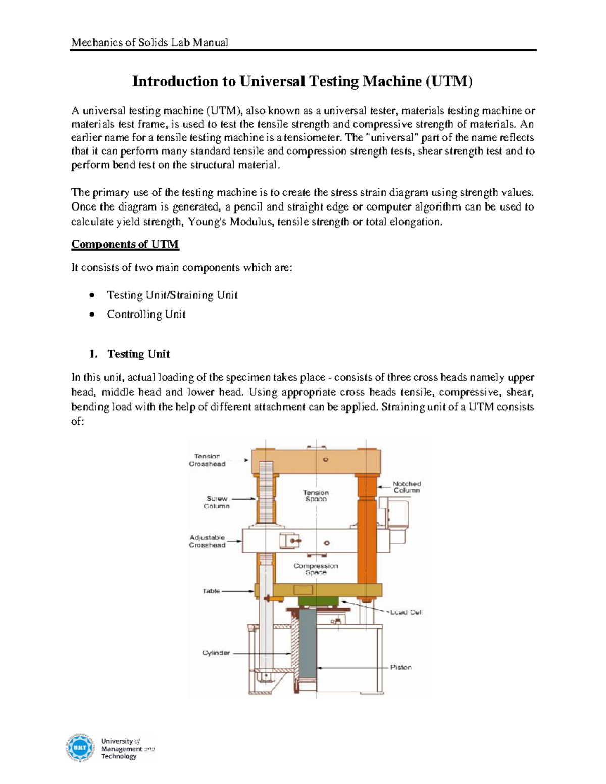 Mechanics of Solids Lab Manual: Universal Testing Machine Overview ...