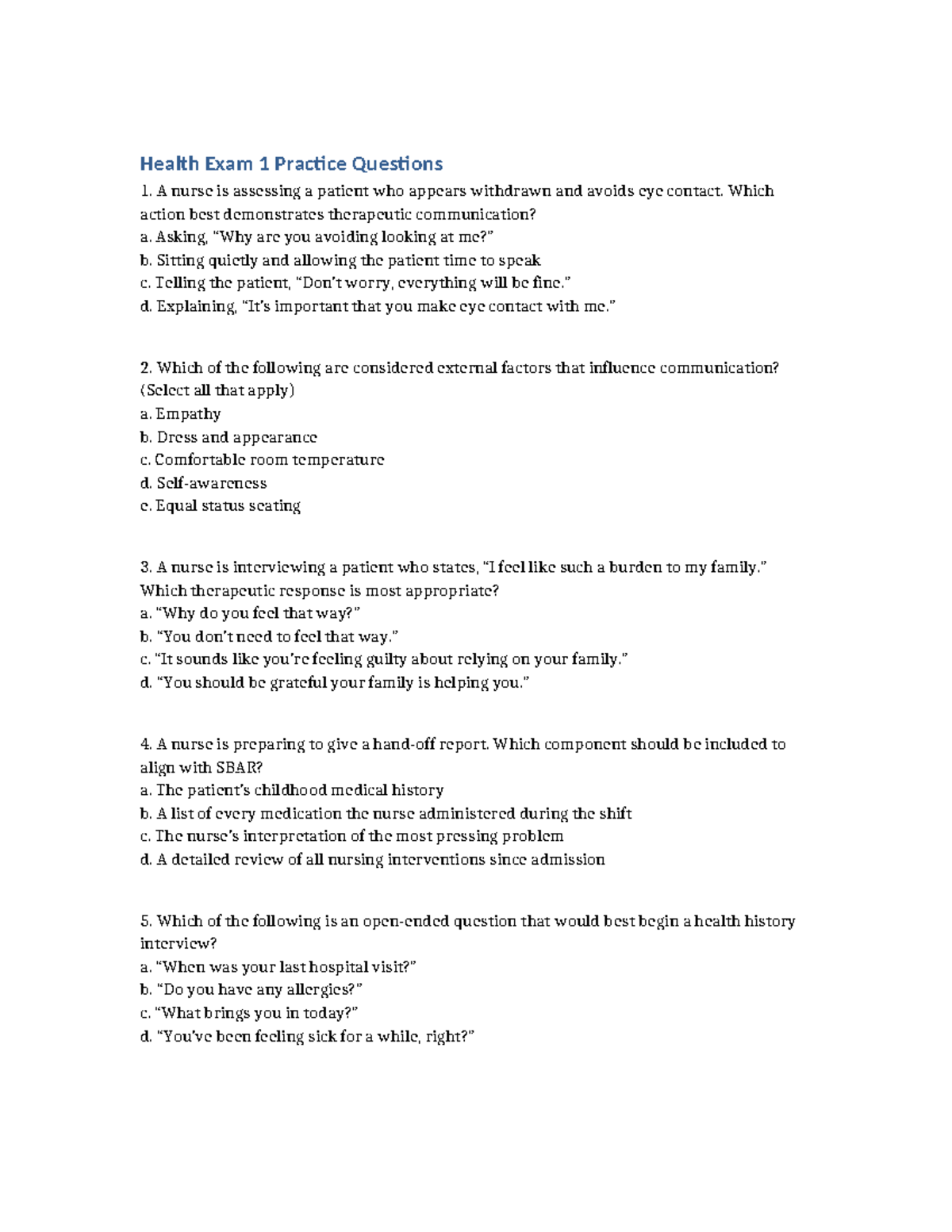 Health Exam 1 Practice Questions and Therapeutic Communication ...