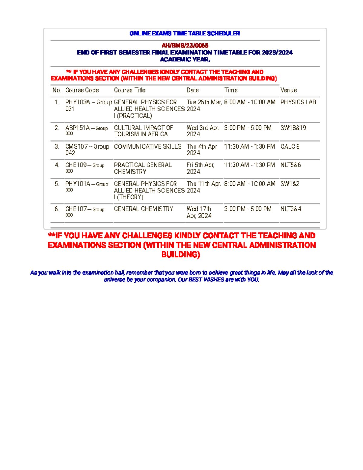 UCC Level 100 Final Exam Timetable 2023/2024 - Studocu