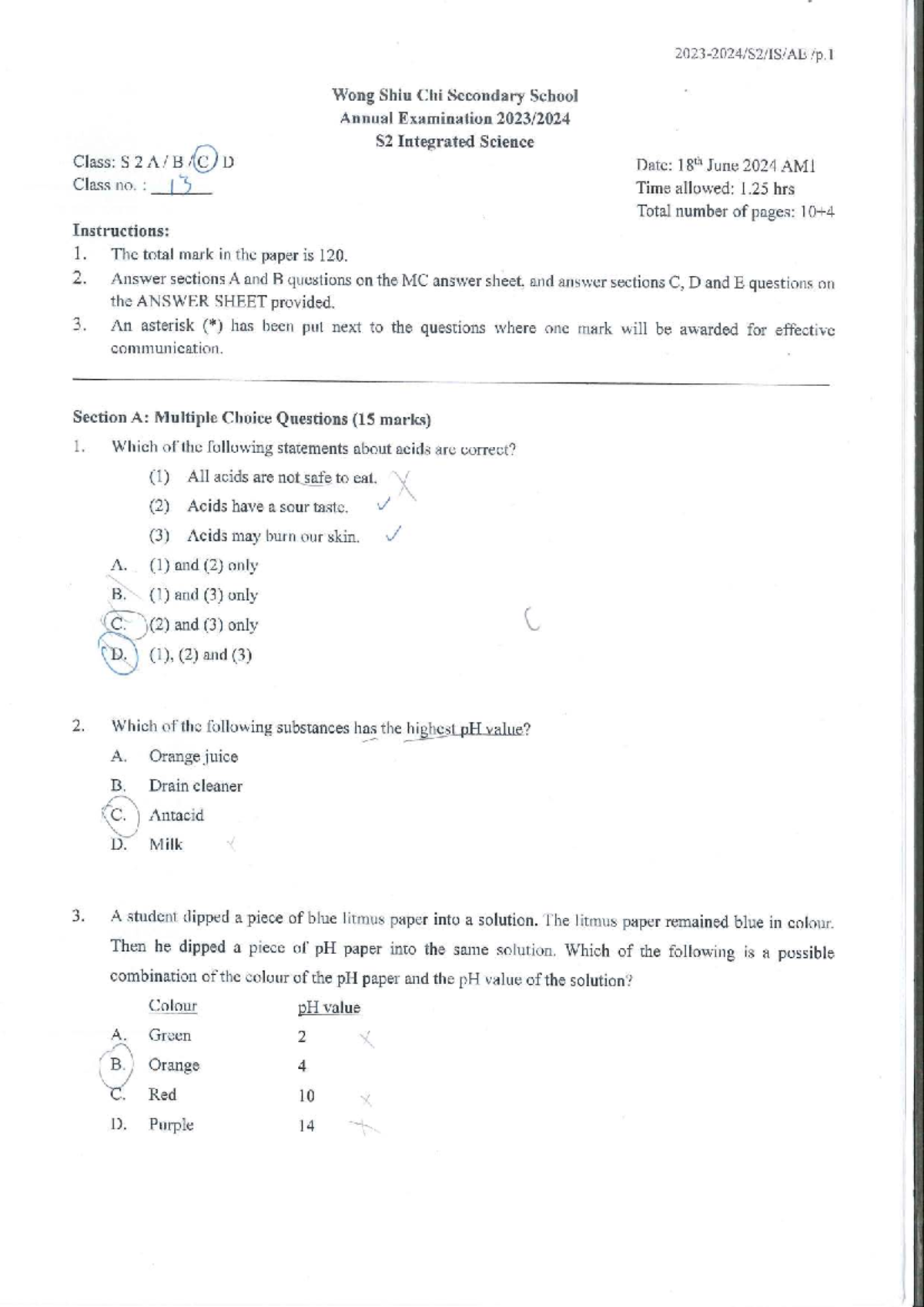 S2 Integrated Science Annual Exam 2023-24 - Wong Shiu Chi School - Studocu