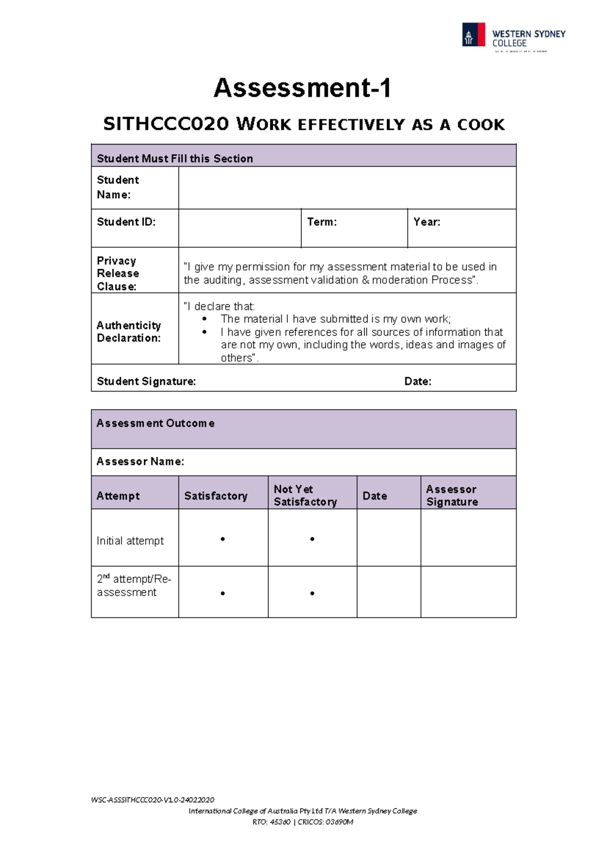 Assessment Task 1 2 - Cookery manage workplace - Assessment- SITHCCC020 ...
