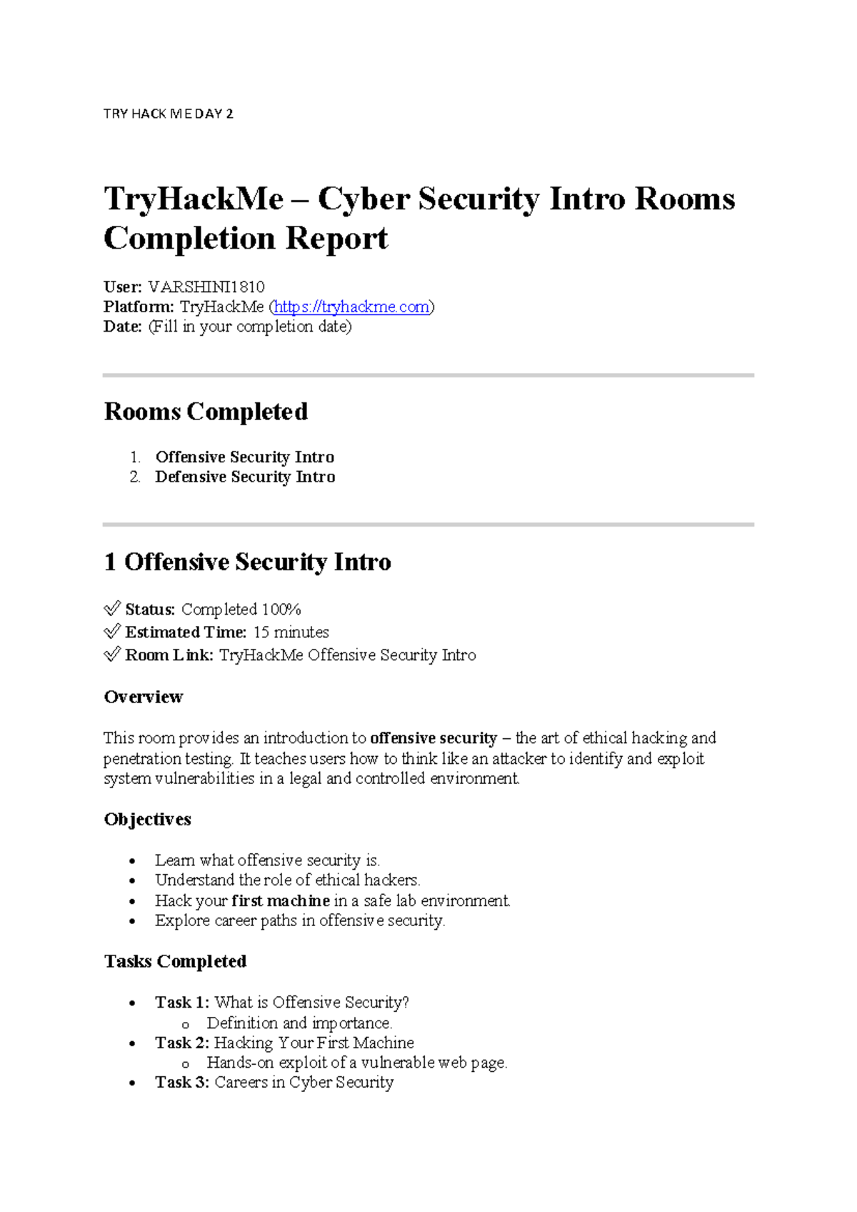 TRY HACK ME DAY 2 - Cyber Security Intro Rooms Completion Report - Studocu