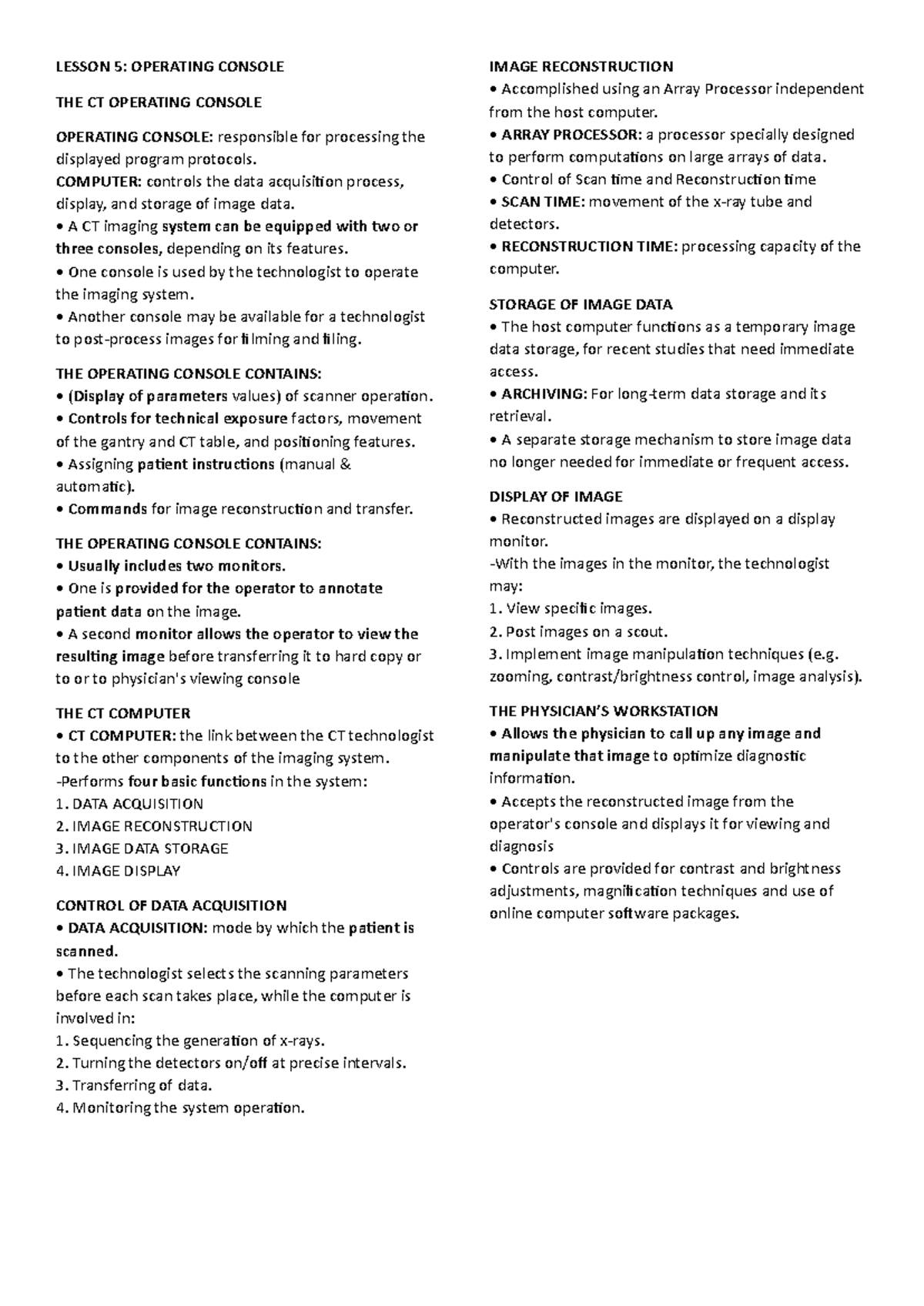 CT Lesson 5: Operating Console and Data Management in CT Imaging - Studocu