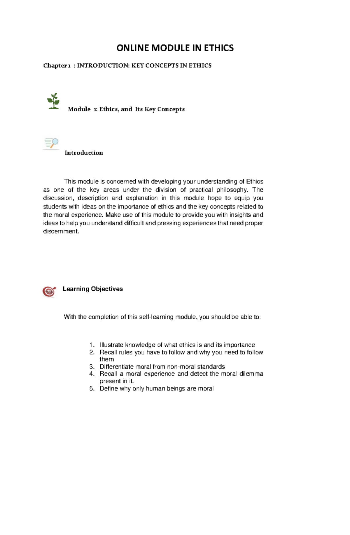 Module in Ethics - ONLINE MODULE IN ETHICS Chapter 1 : INTRODUCTION ...