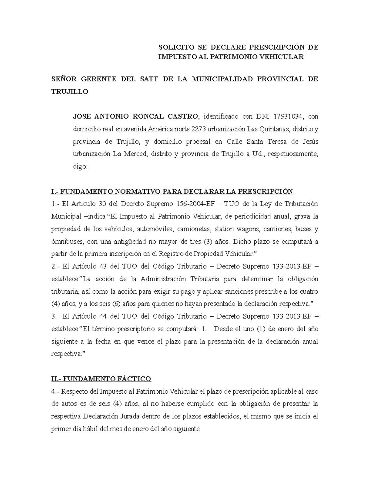 Prescripción del Impuesto Vehicular en Trujillo SATT 2020 - Document Preview