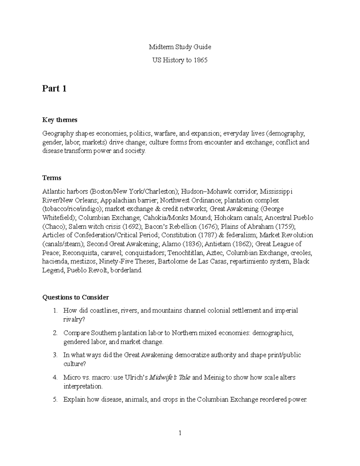 Midterm Study Guide for US History to 1865: Key Themes & Questions ...