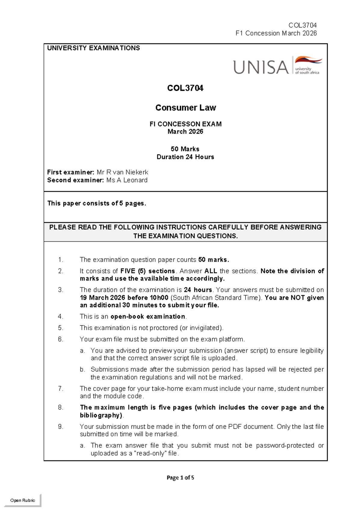 COL3704 Consumer Law Final Exam Concession March 2026 - Studocu