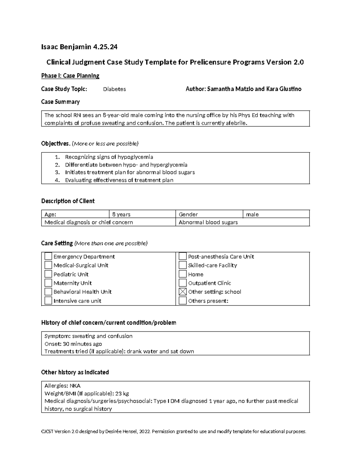 Peds DM case study Matzio - Isaac Benjamin 4. Clinical Judgment Case ...
