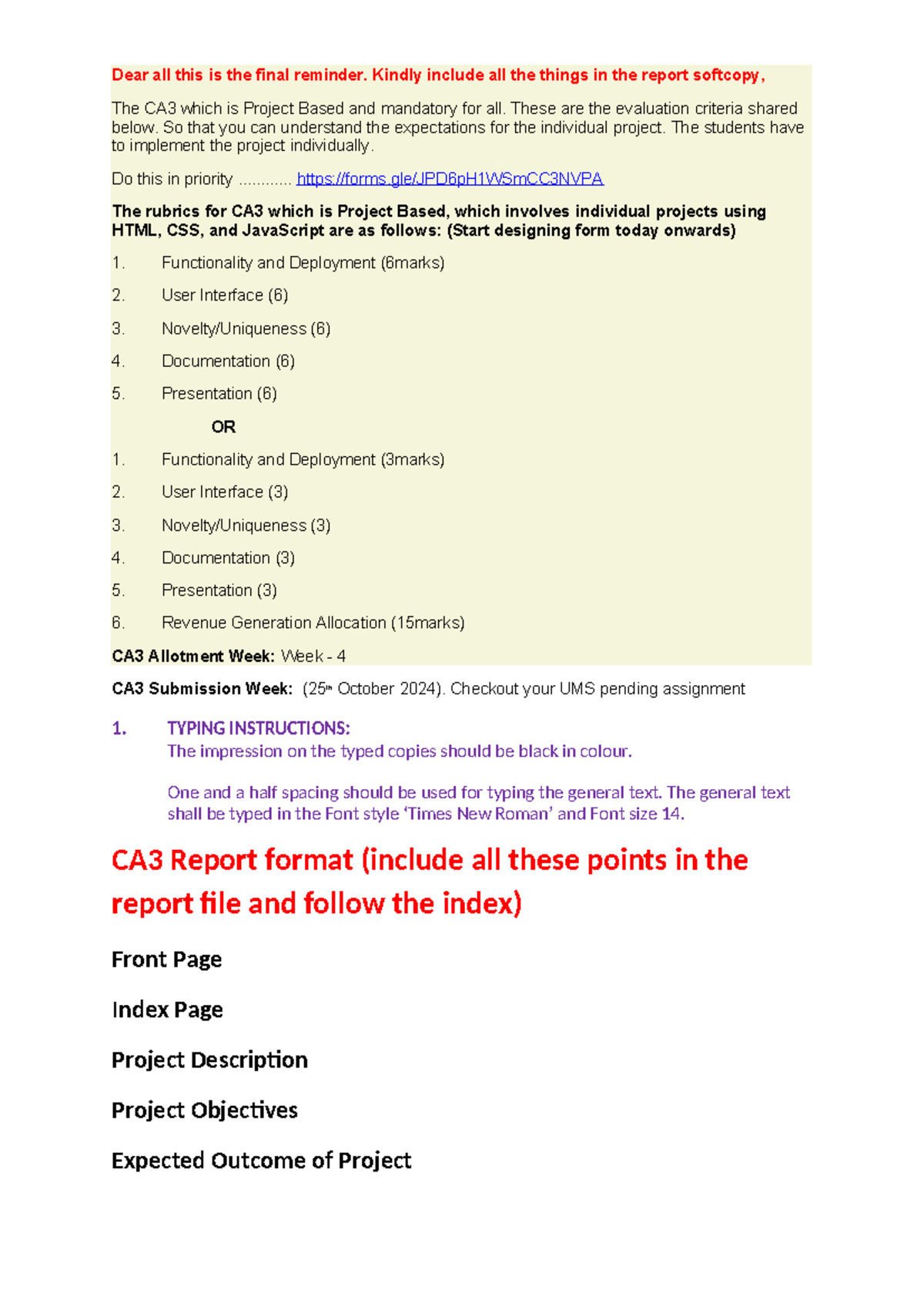 CA3 report format - Dear all this is the final reminder. Kindly include ...