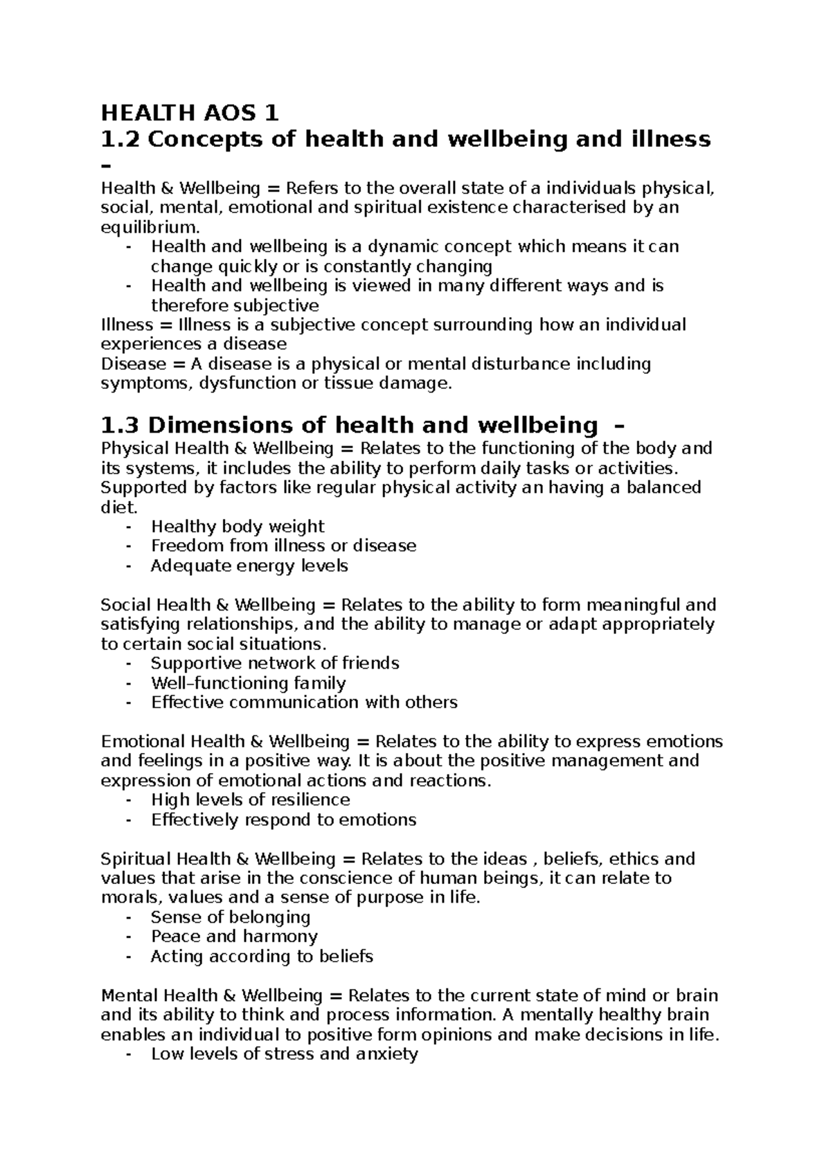 HHD Unit 3 AOS 1 Summary Notes on Health & Wellbeing Concepts - Studocu