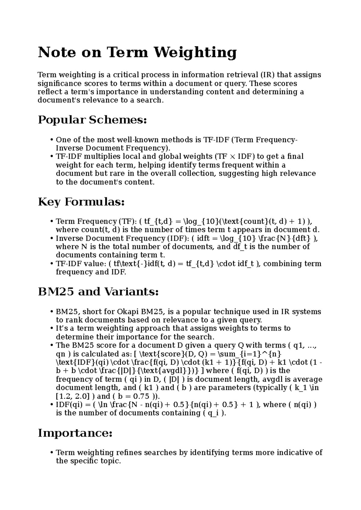 Term Weighting in Information Retrieval: Key Concepts & Formulas - Studocu