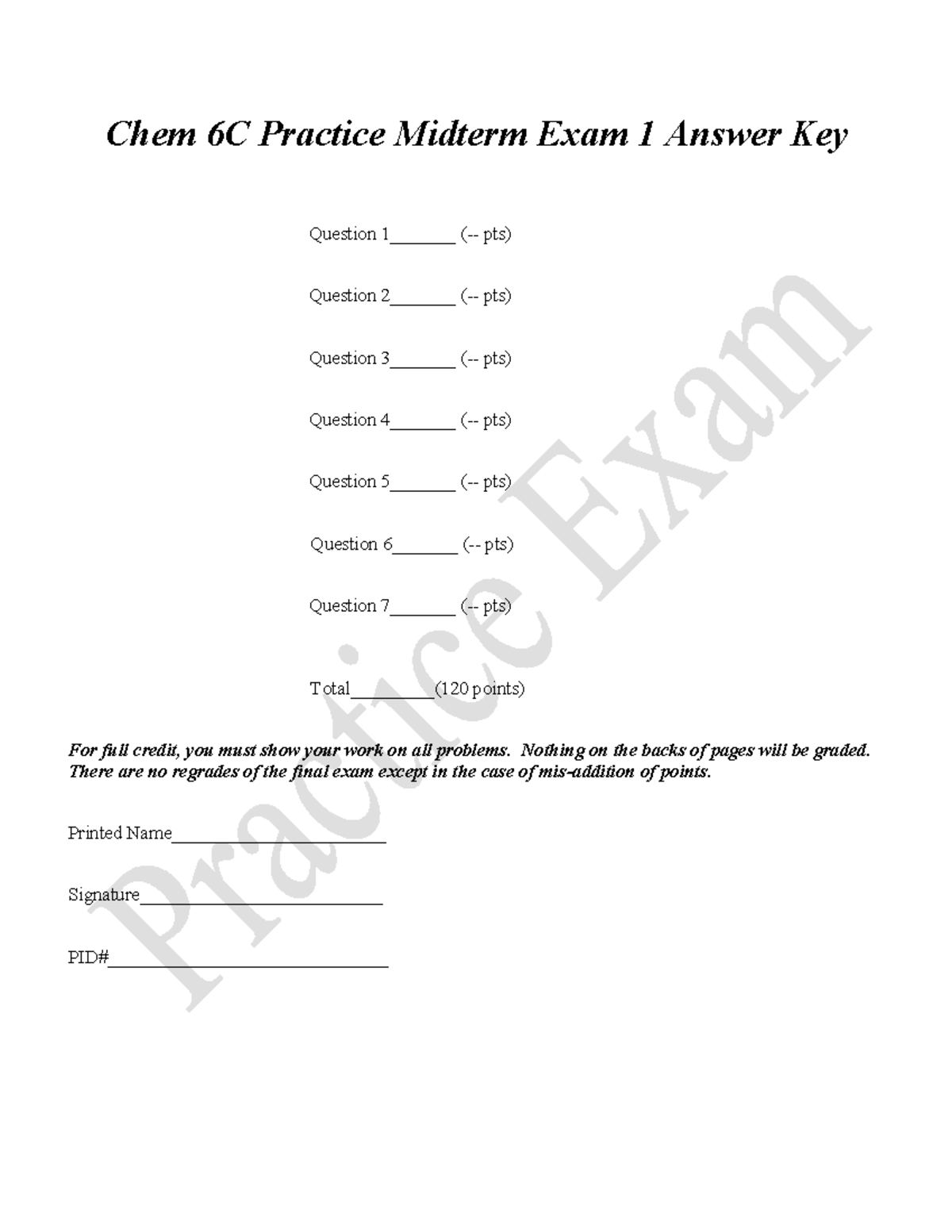 Chem 6C Practice Midterm Exam 1 Answer Key - Nothing on the backs of ...