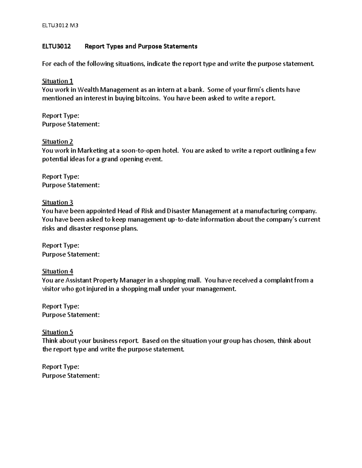 ELTU3012 Report Types and Purpose Statements [for students] - ELTU3012 ...