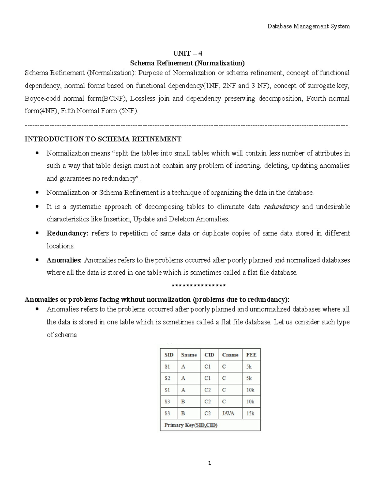 DBMS 101: UNIT 4 - Schema Refinement & Normalization Notes - Studocu