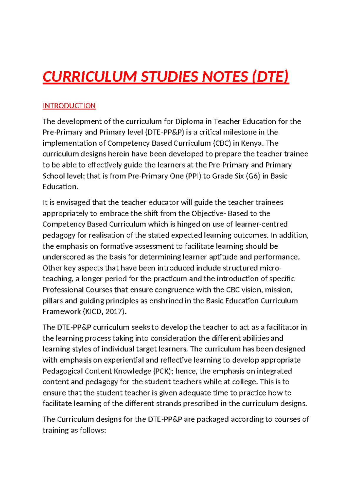 Curriculum Studies Notes for DTE: Competency-Based Education in Kenya ...
