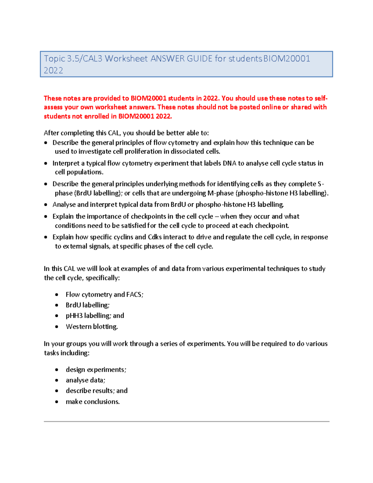 CAL 3 Answers - Topic 3/CAL3 Worksheet ANSWER GUIDE for students BIOM ...