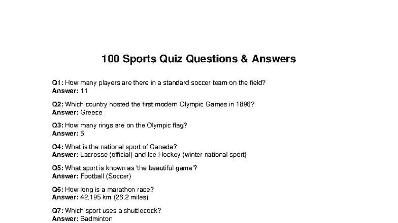 Sports Quiz Questions & Answers - Holiday Homework - Studocu