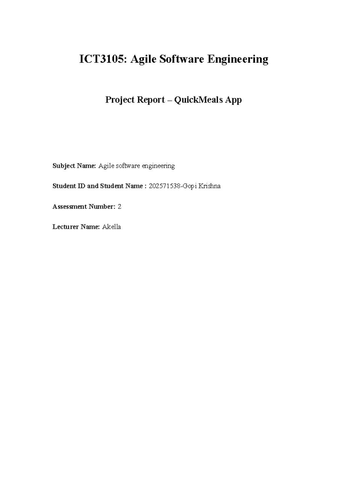 ICT3105: Agile Software Engineering Project Report on QuickMeals App ...