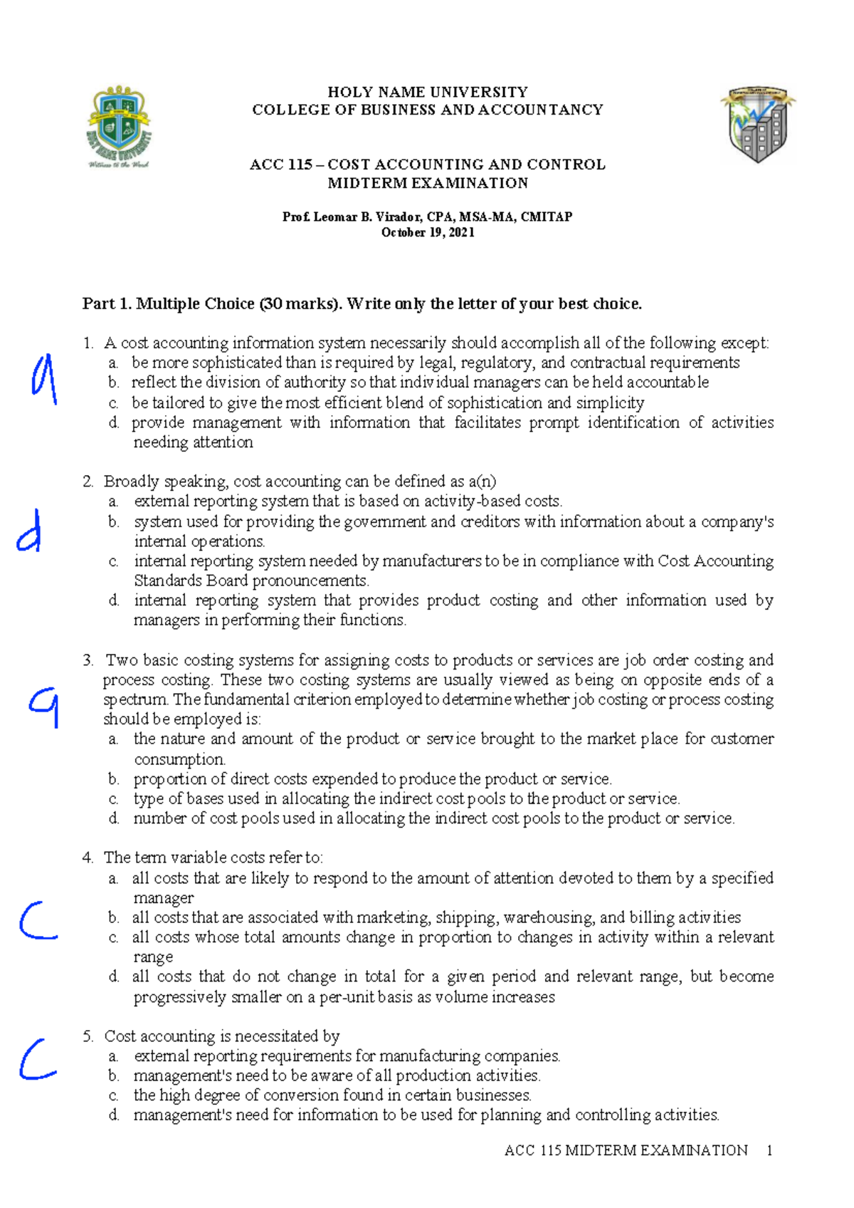ACC 115 Cost Accounting Midterm Exam Review - 2021 - Studocu