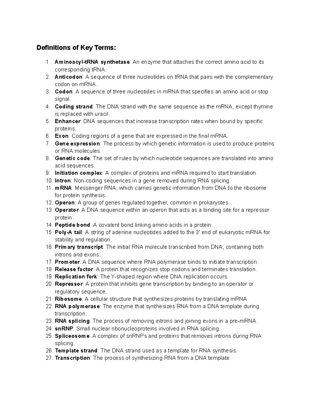 Gene Expression and Translation: Key Terms and Short Response Guide ...