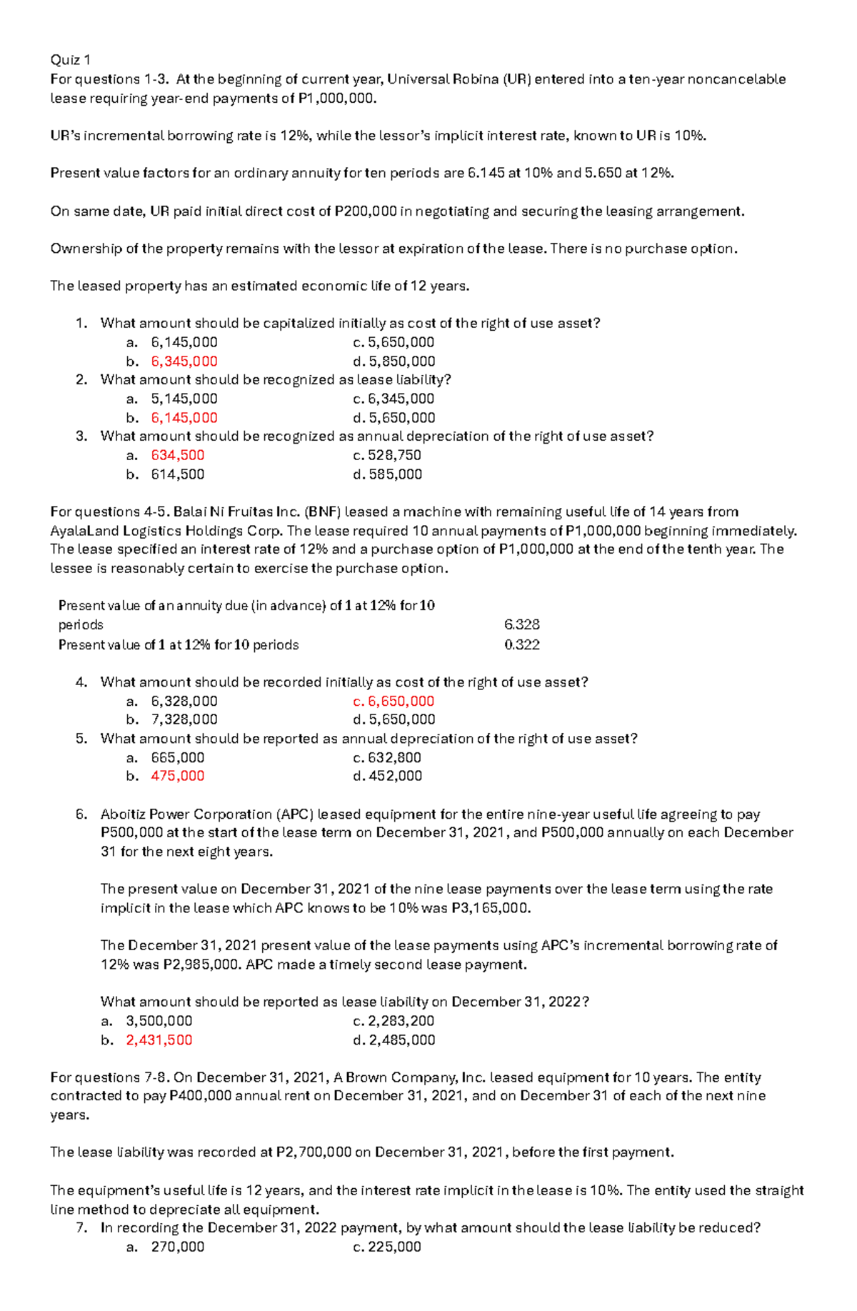 Quiz 1 Answer Key for Lease Accounting Concepts - Studocu