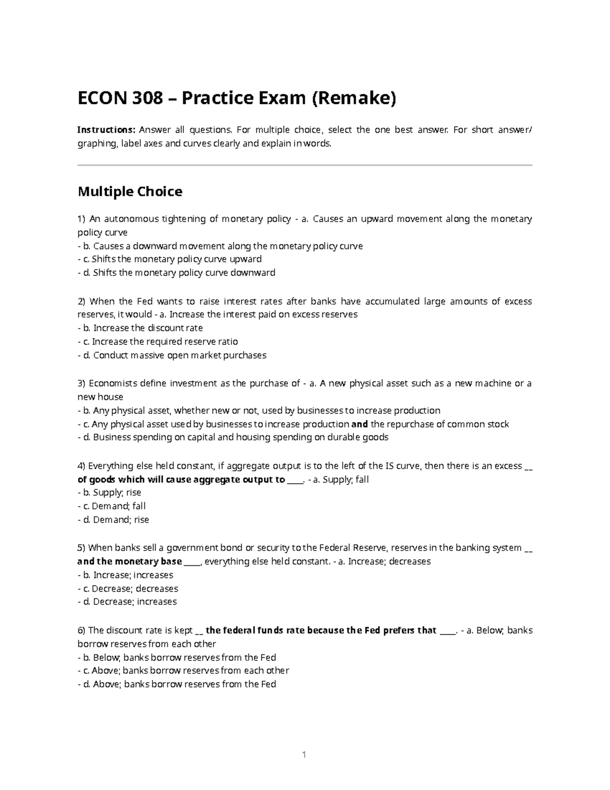 ECON 308 – Practice Exam (Remake): MCQs & Short Answer Questions - Studocu