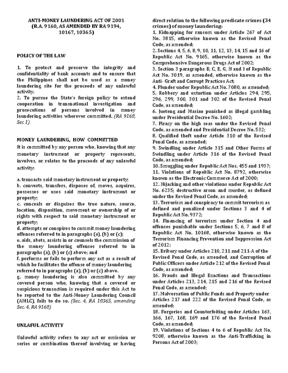 AMLA - Lecture notes 6 - ANTI-MONEY LAUNDERING ACT OF 2001 (R. 9160, AS ...
