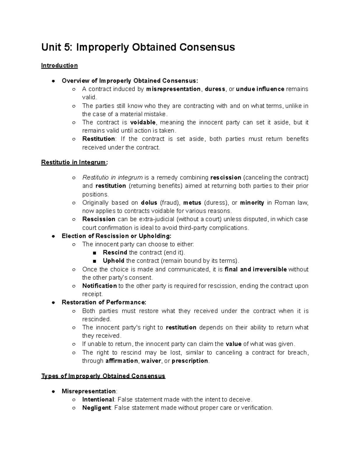Unit 5: Understanding Improperly Obtained Consensus in Contracts - Studocu