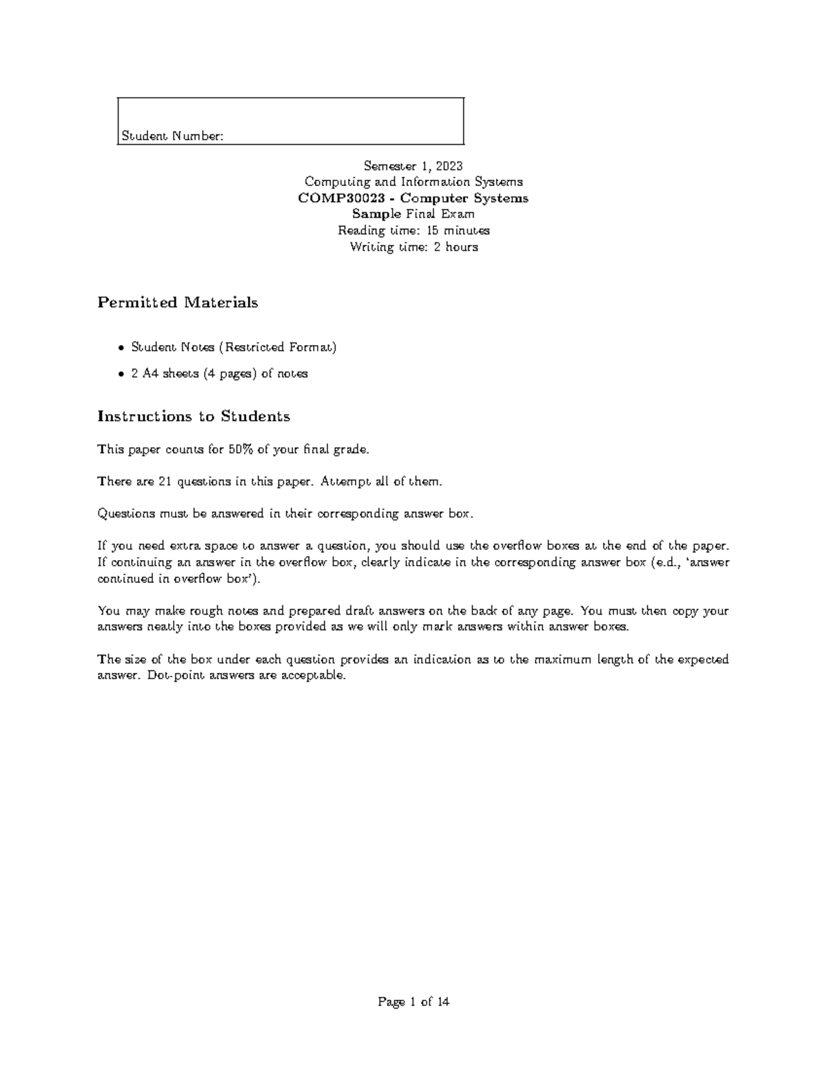 COMP30023 Sample Final Exam Practice Questions for Semester 1, 2023 ...