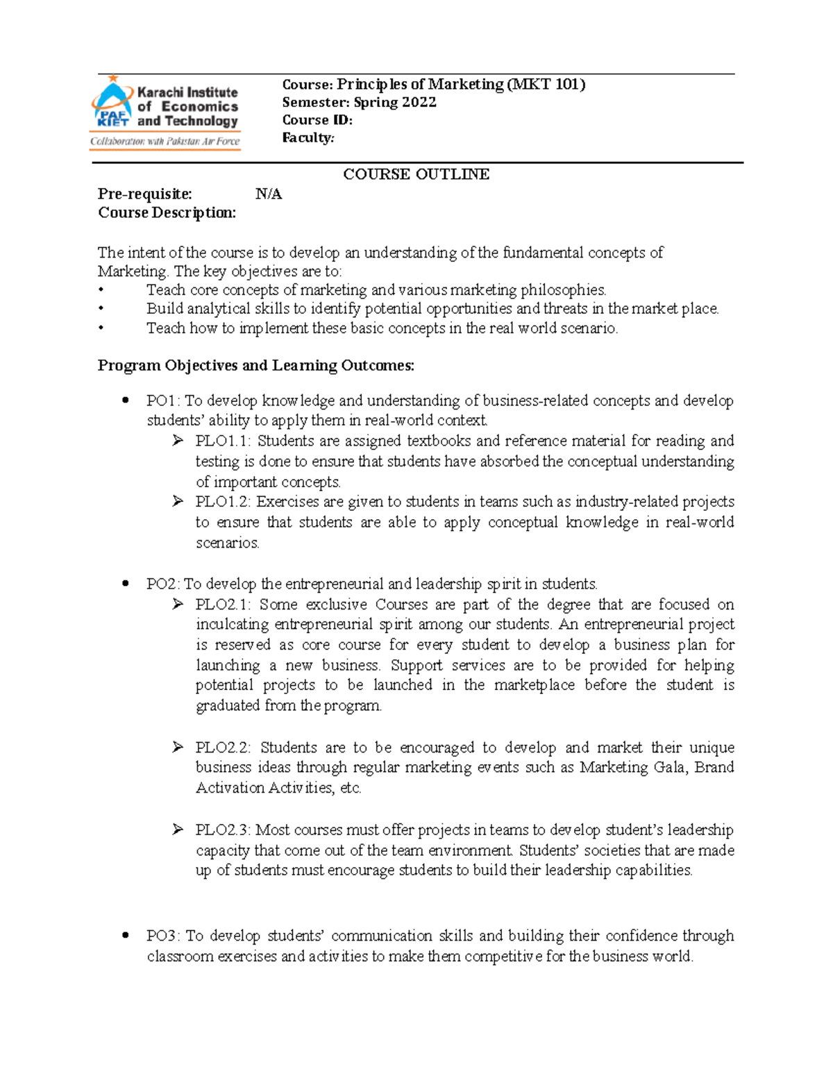 Principles of Marketing (MKT 101) - Spring 2022 Course Outline - Studocu