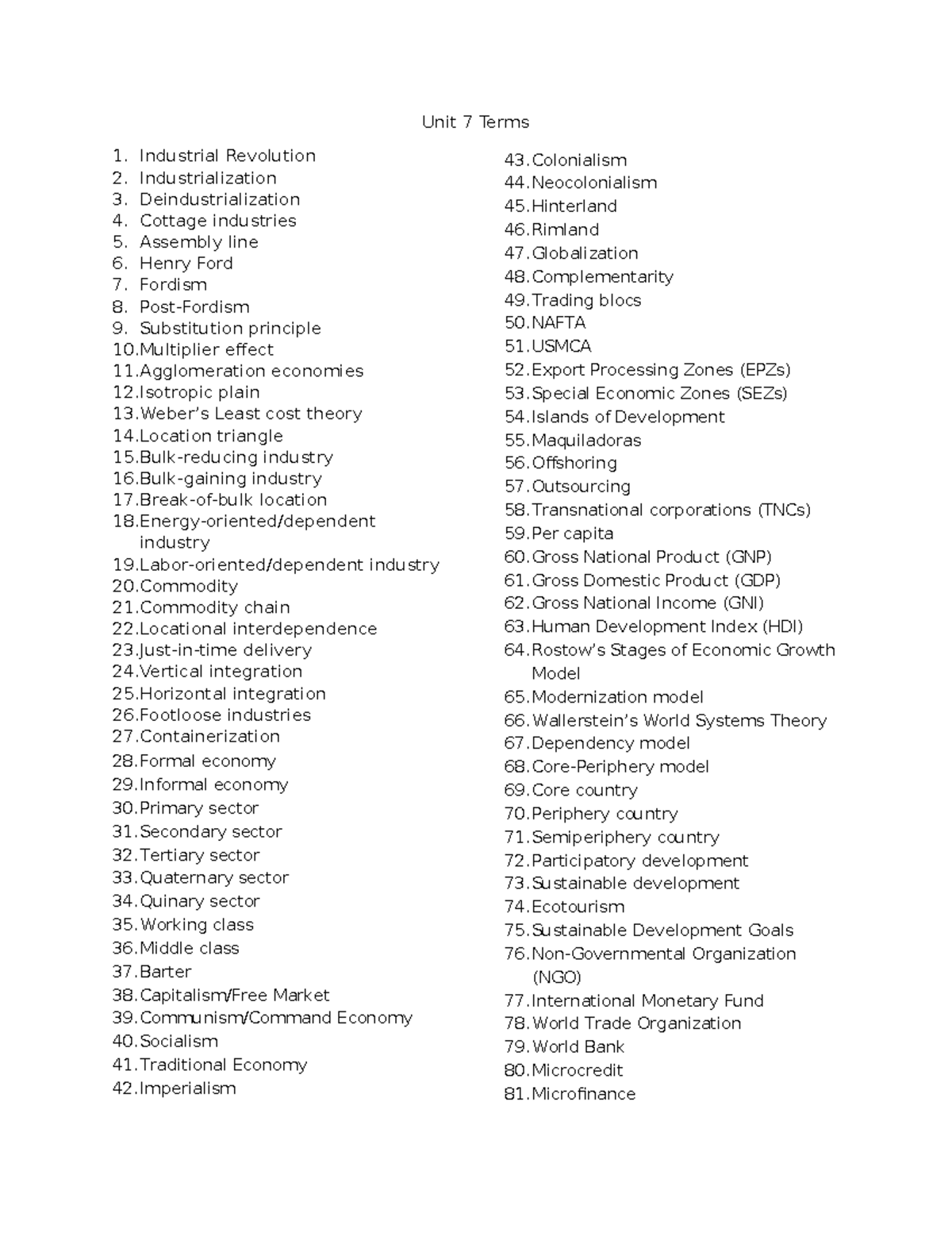 AP Human Geography Unit 7 Test Study Terms and Concepts - Studocu