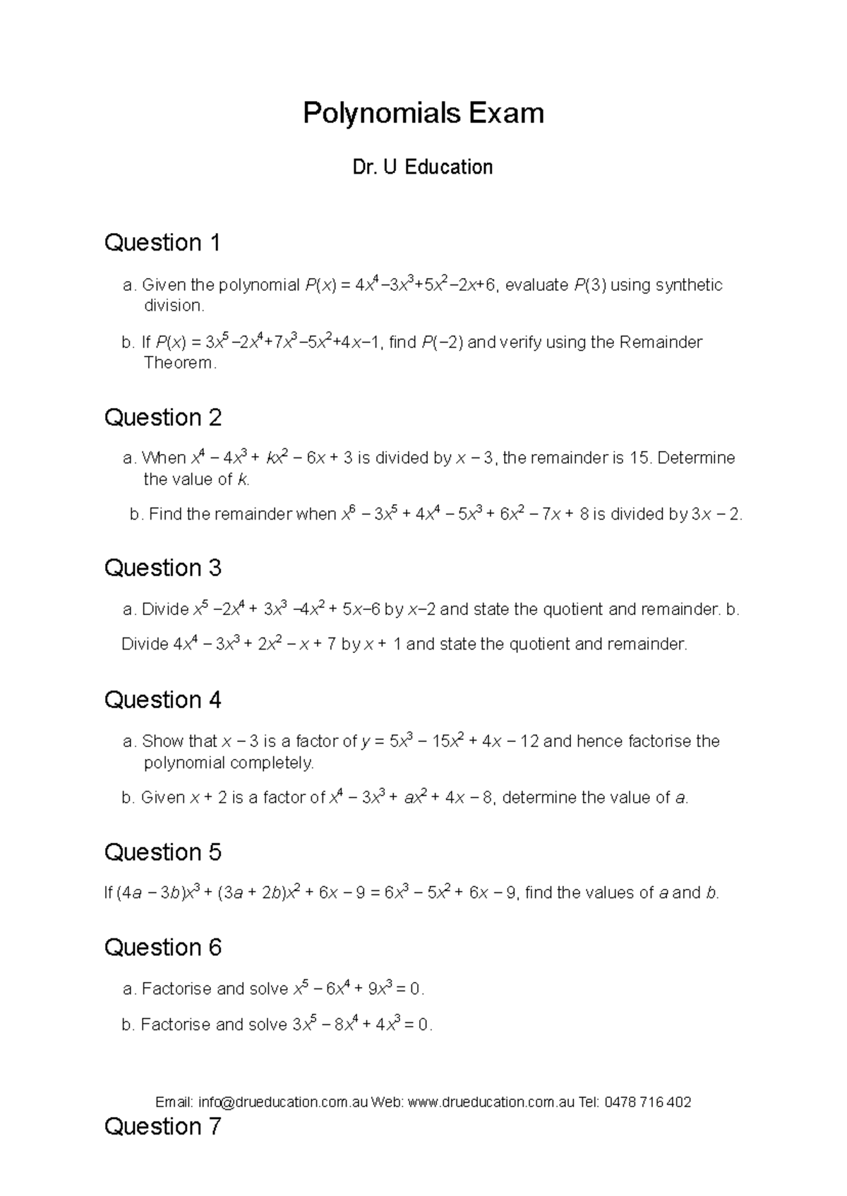 Polynomials Exam (EDU 101): Evaluation, Division, and Graphing ...