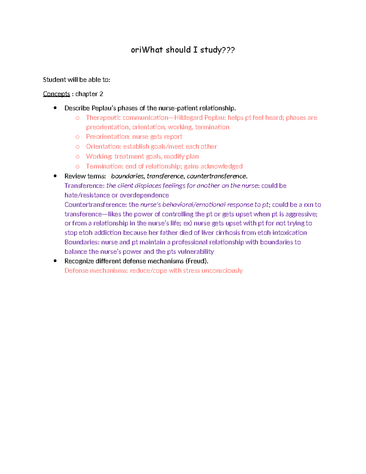 NUR 311 Test 1 Study Guide: Key Concepts & Defense Mechanisms - Studocu