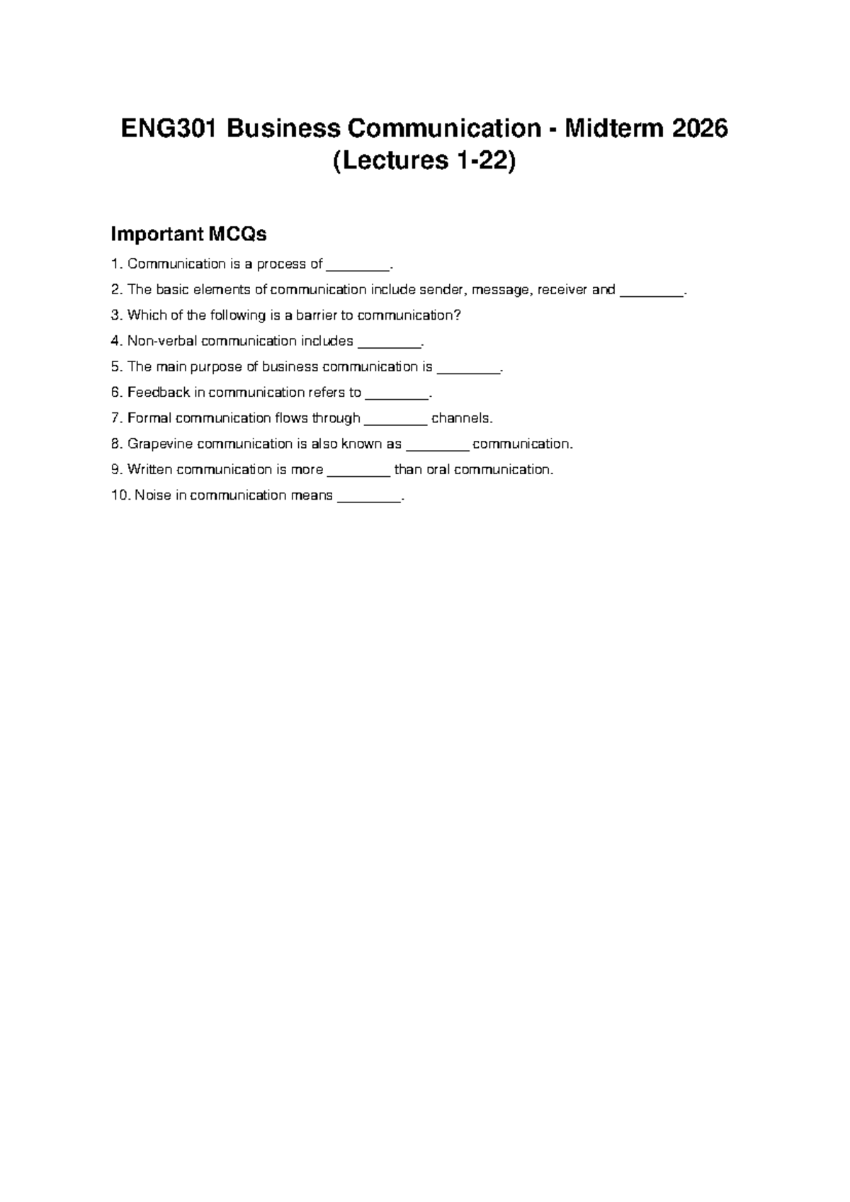 ENG301 Midterm 2026 Business Communication Key Concepts & MCQs - Studocu
