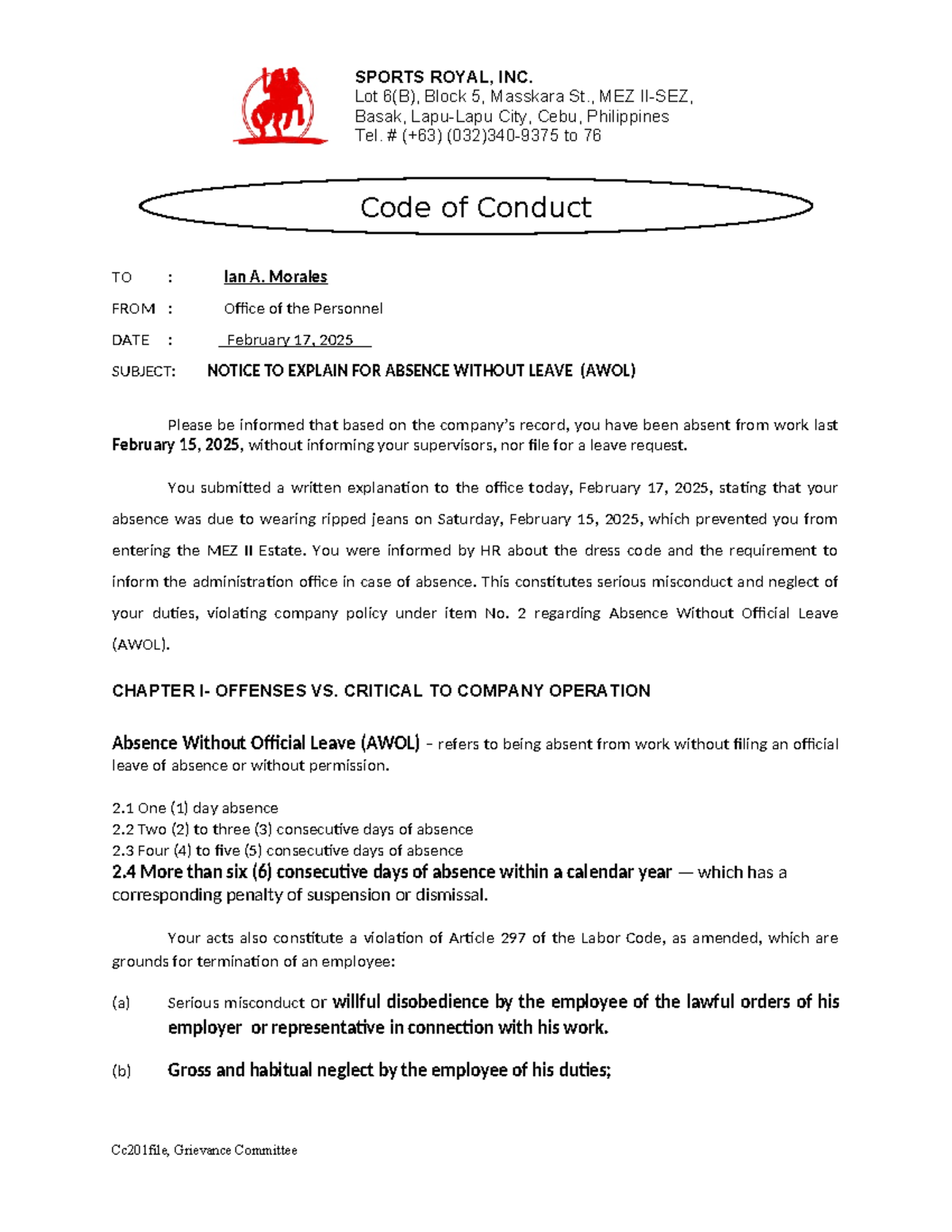 NTE - AWOL - NTE - TO : Ian A. Morales FROM : Office of the Personnel ...