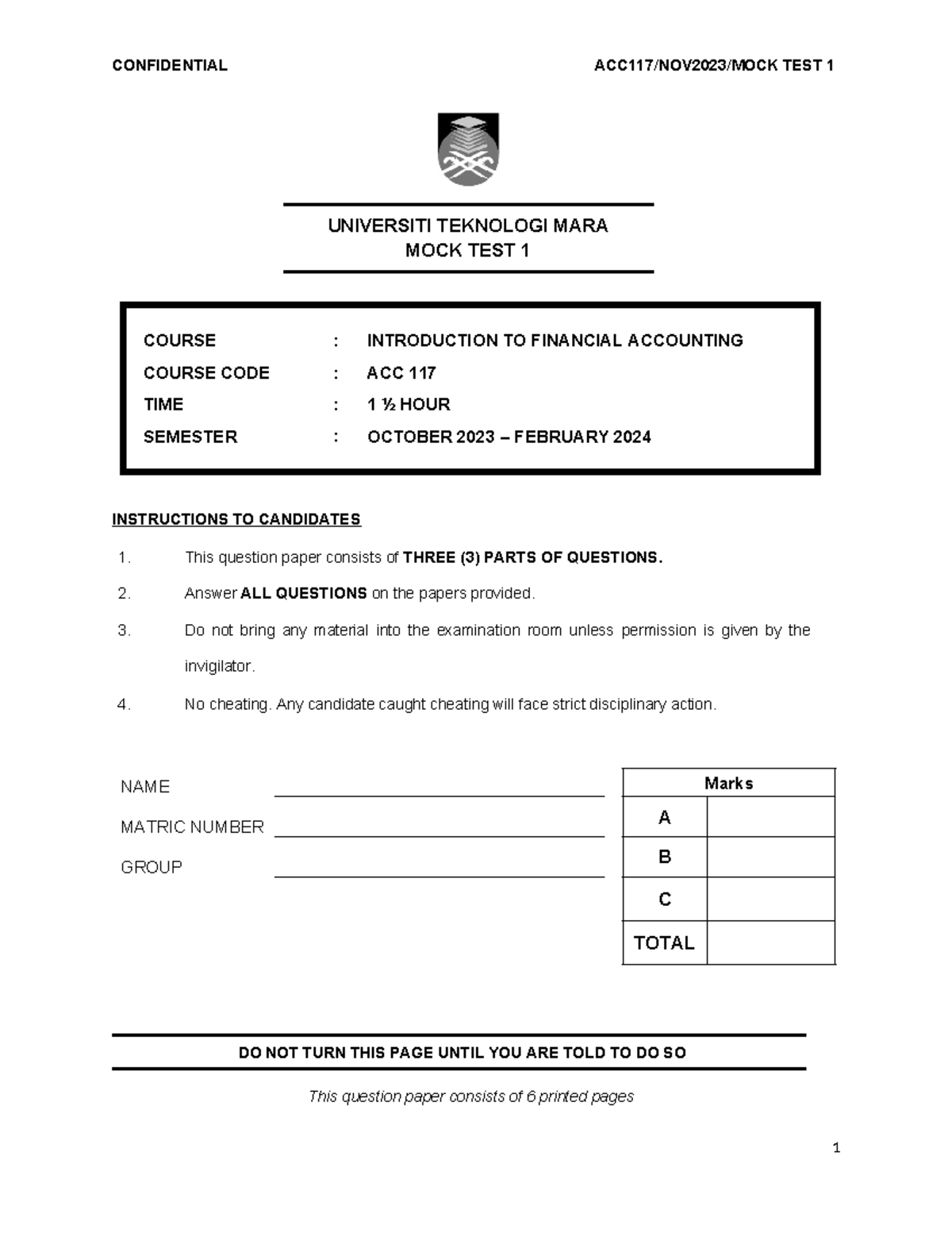 ACC 117 MOCK TEST 1 - Financial Accounting, Nov 2023 - Studocu