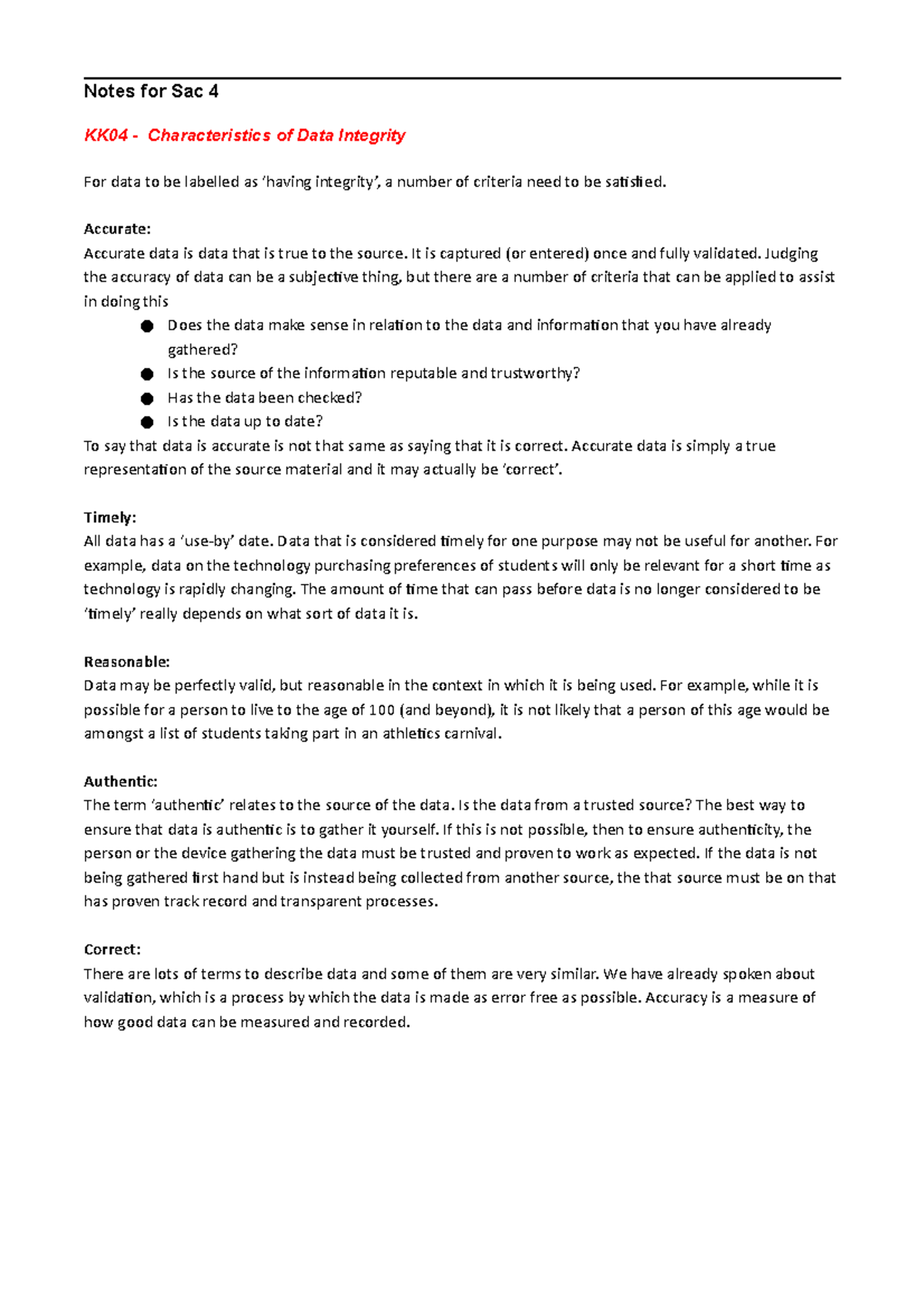 Unit 3 and 4 notes - KK04 - Characteristics of Data Integrity For data ...