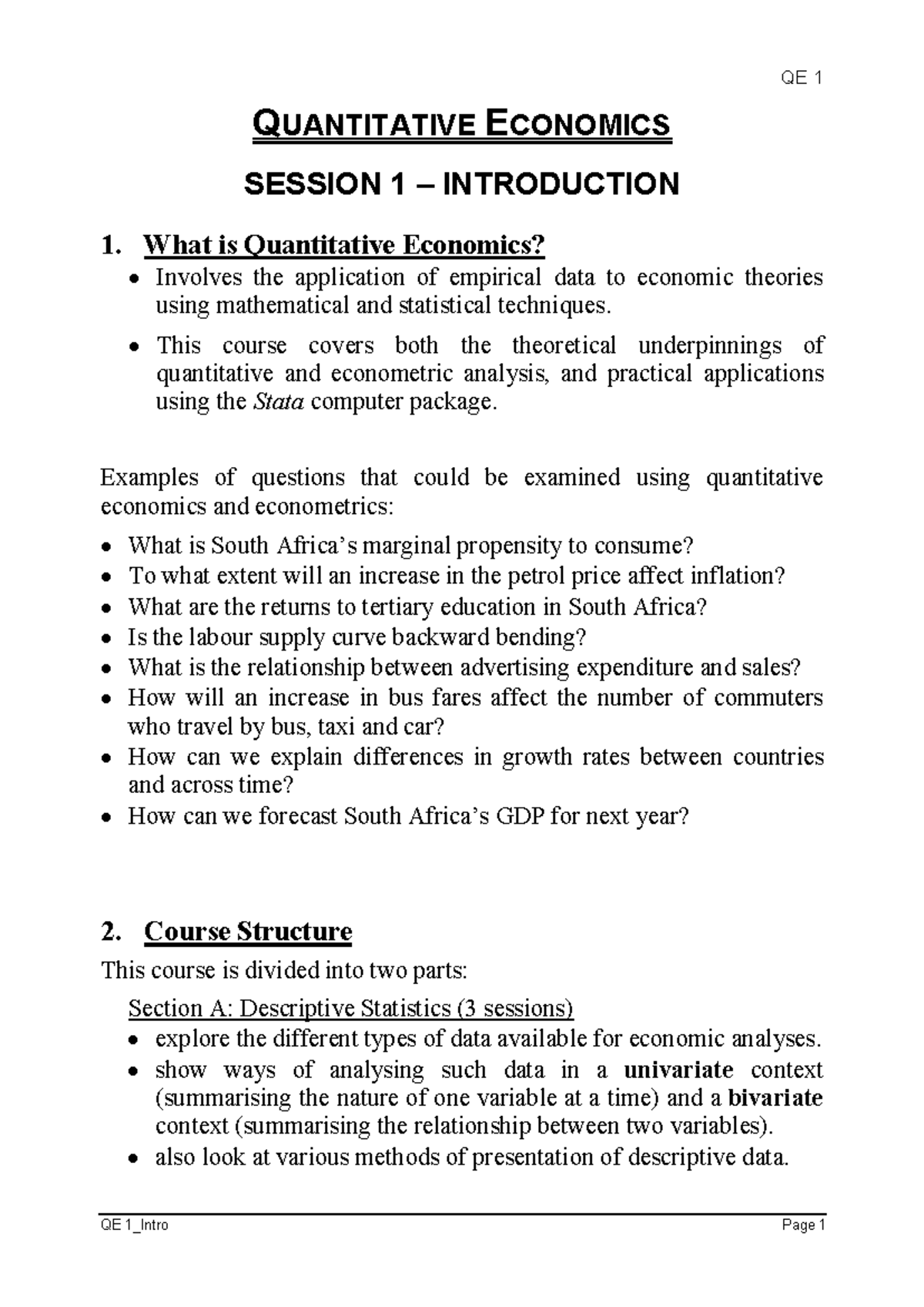 ECON314 Lecture Notes: Intro to Quantitative Economics Session 1 - Studocu