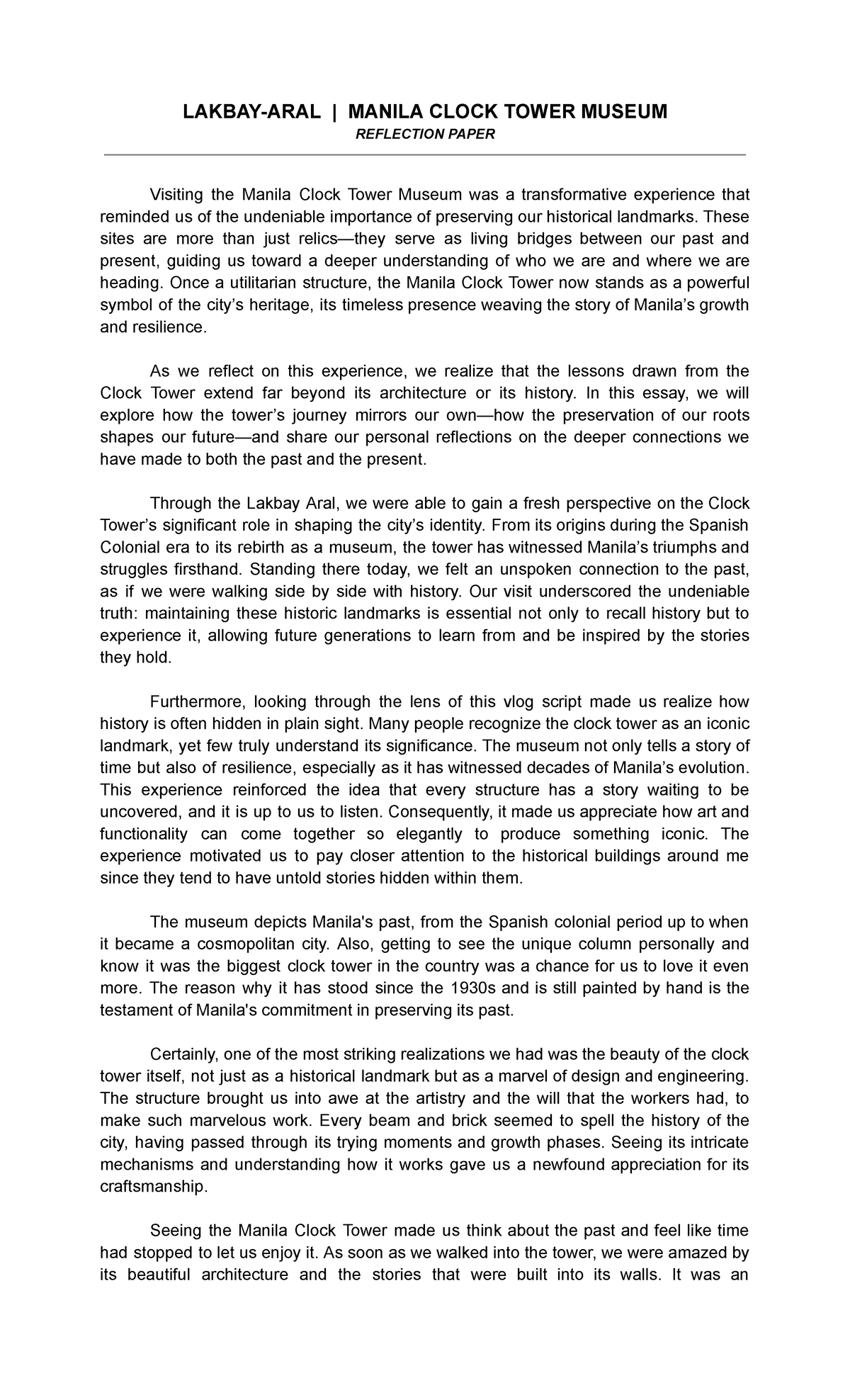 Lakbay-ARAL Reflection Paper B6 Group 2 - LAKBAY-ARAL | MANILA CLOCK ...