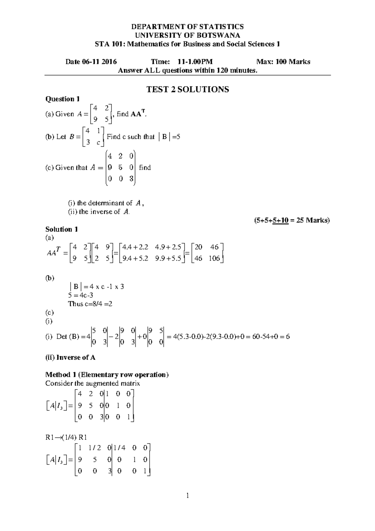 STA101 Test 2 Solutions – Mathematics for Business & Social Sciences ...