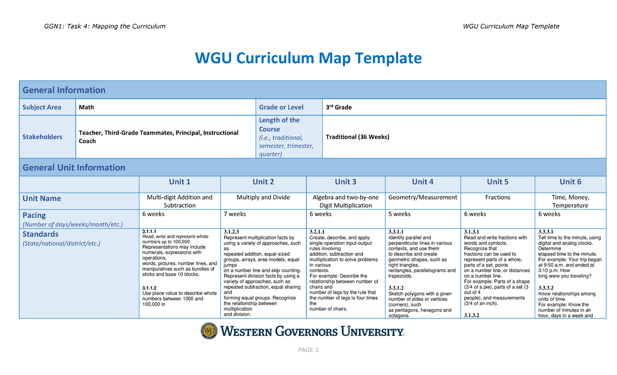 GGN1: Task 4 - Curriculum Mapping for 3rd Grade Math Standards - Studocu