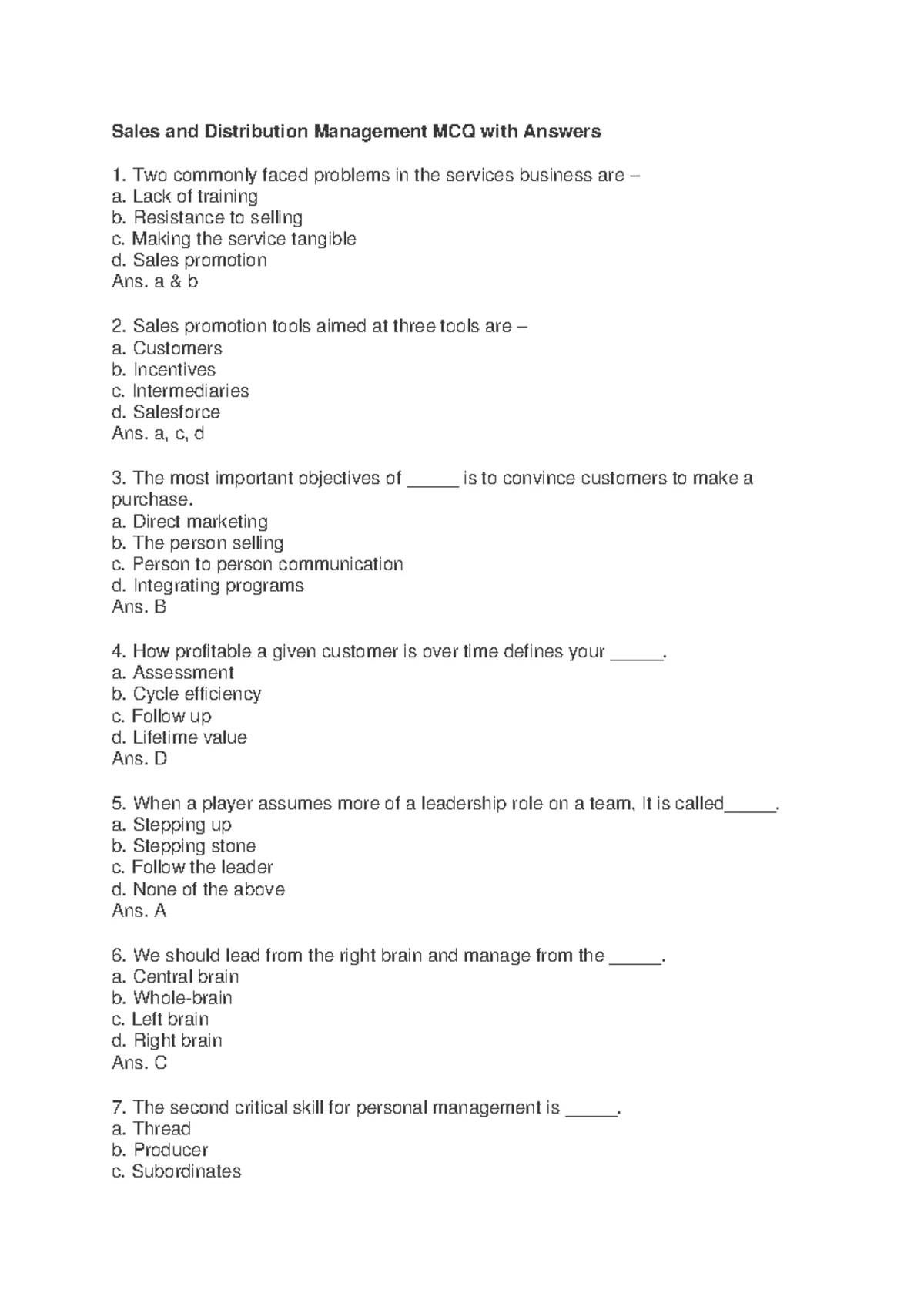 Sales and Distribution Management Solved MCQs [set-3] Mcq Mate.com ...