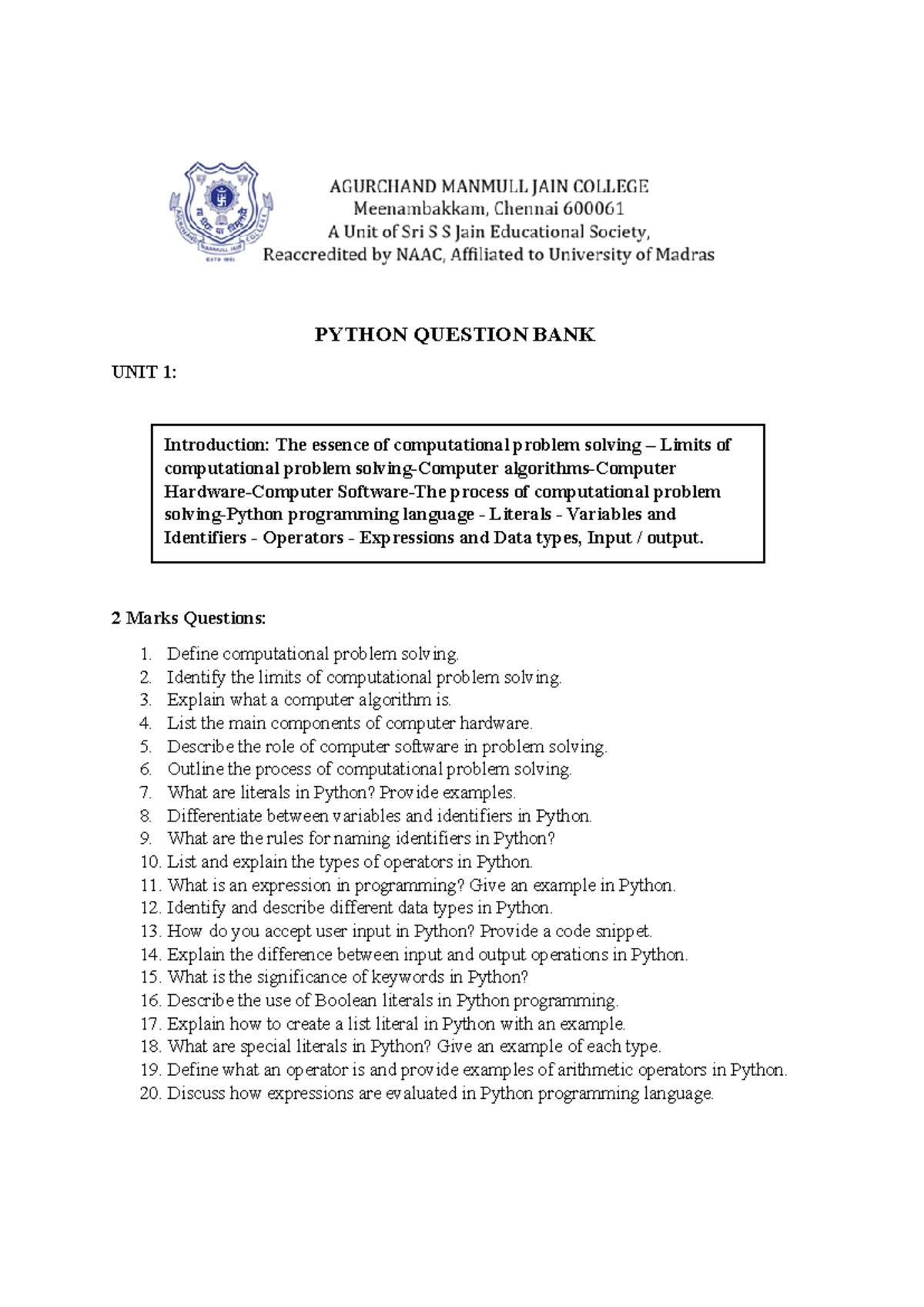 Problem Solving Using Python - Unit 1 2 Marks Guide - Studocu