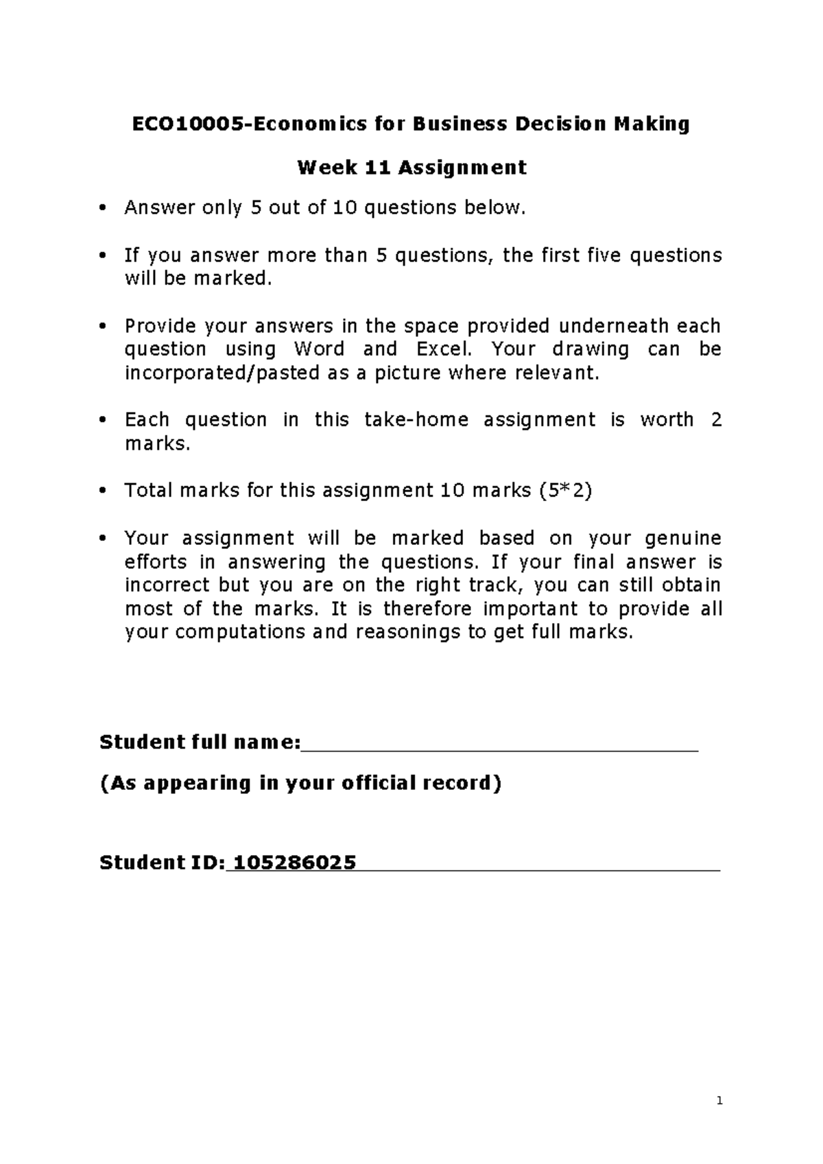 ECO 202 Week 11 Assignment: Business Decision Making Questions ...