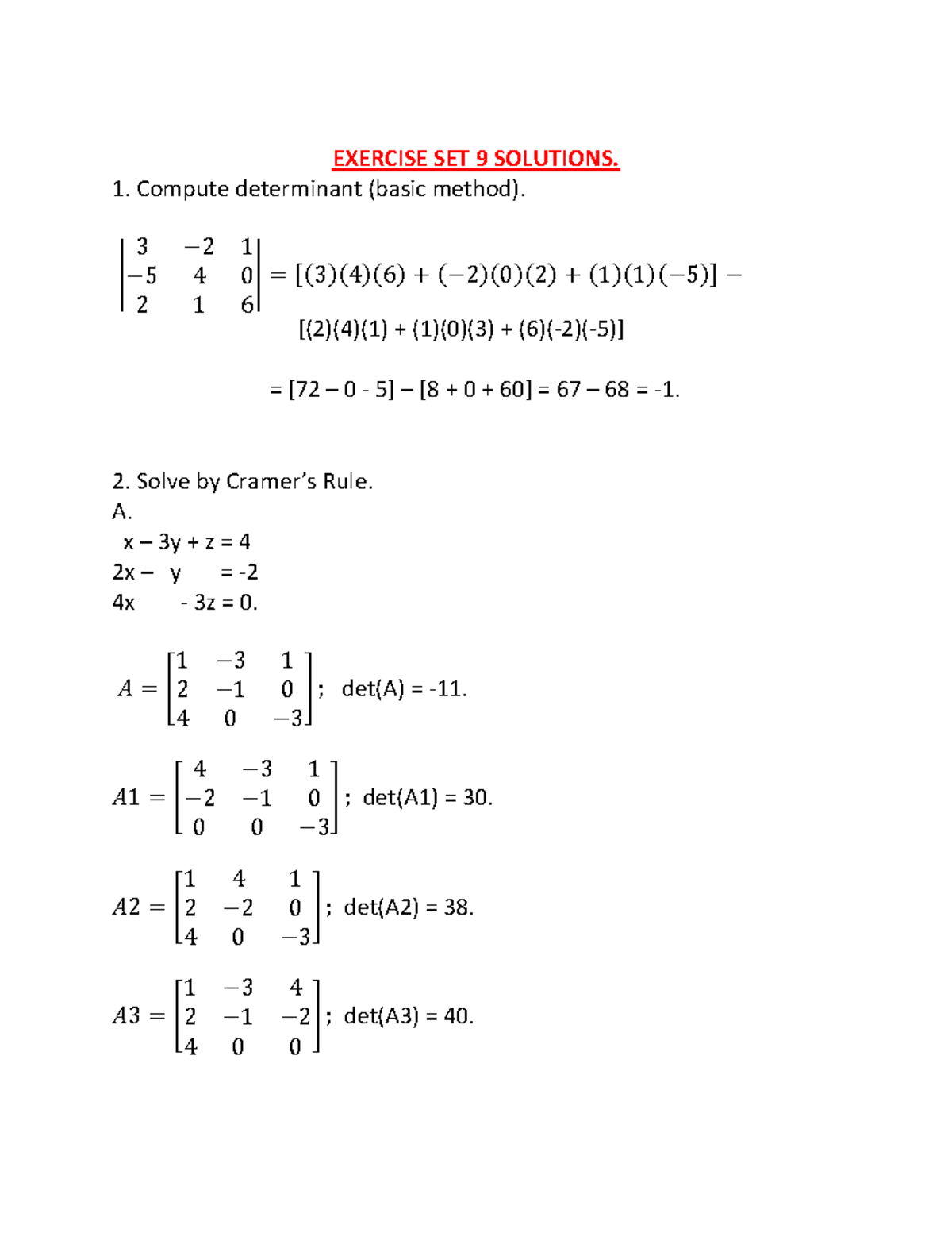 Exercise SET 9 Solutions: Determinants and Row Reduction - Studocu