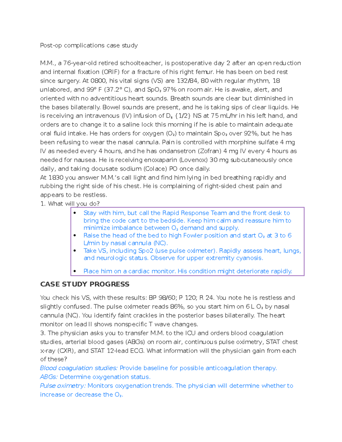 Post-Op Complications Case Study: Managing Patient Care for M.M. - Studocu