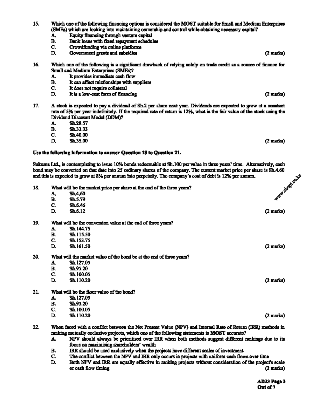 Fundamentals of Finance AD33: Past Exam Questions and Answers - Studocu