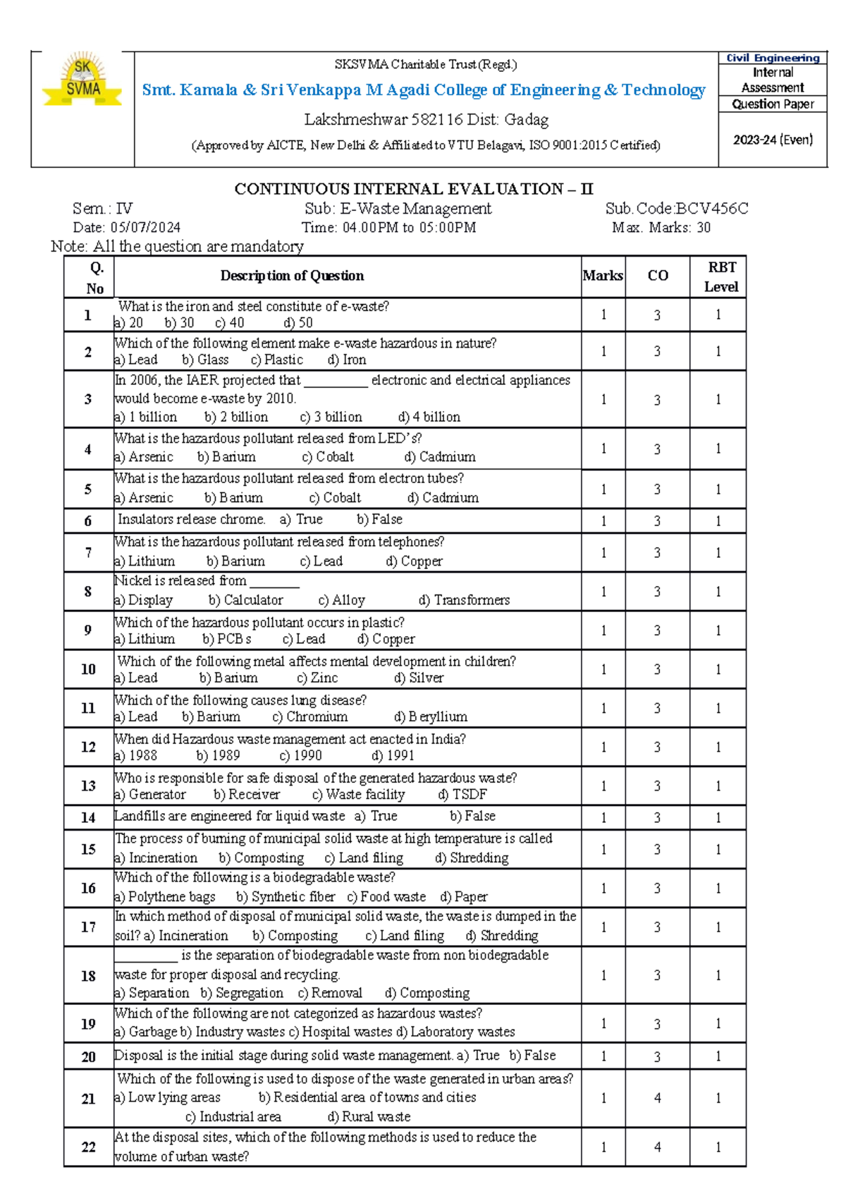 Civil Engineering BCV456C Internal Assessment Question Paper - Studocu