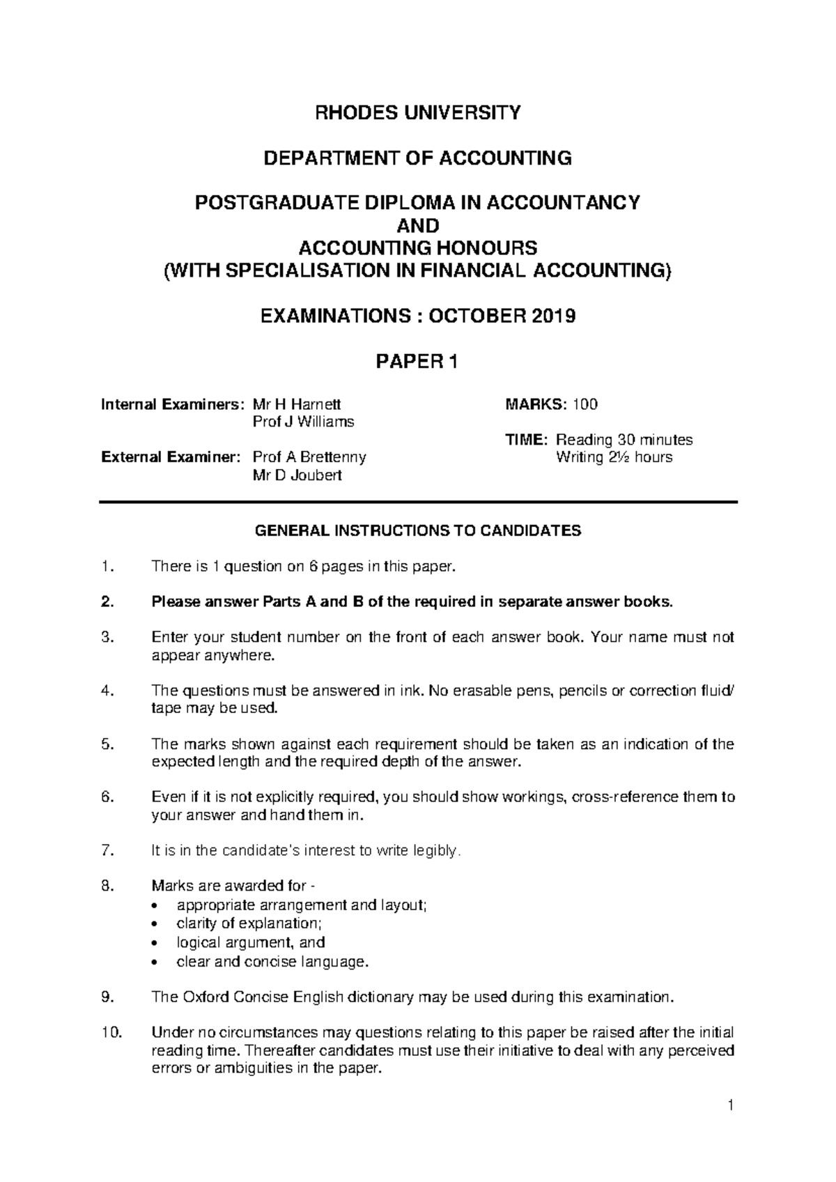 2019 11 Dip Acc Paper 1 Oct 2019 - RHODES UNIVERSITY DEPARTMENT OF ...